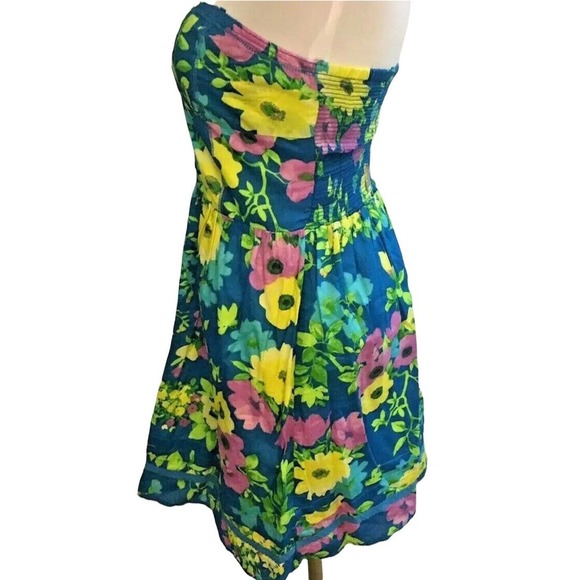 Juniors Aeropostale Blue Yellow Floral Print Strapless Cotton Sundress Size M - Picture 3 of 6
